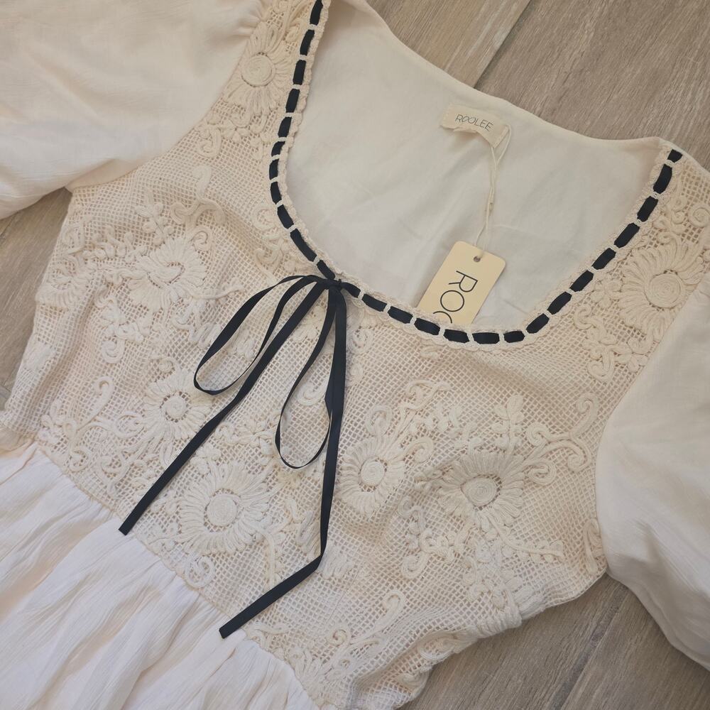 Roolee NWT Maxi Dress Womens Small Ivory Puff Sleeve Cottagecore Lace Bow - Picture 11 of 12